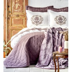 Элитное постельное белье с покрывалом + плед Karaca Home - Chester murdum 2020-1 фиолетовый евро