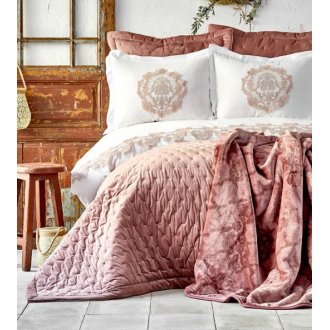 Набор постельное белье с покрывалом + плед Karaca Home - Chester pudra 2020-1 пудра евро